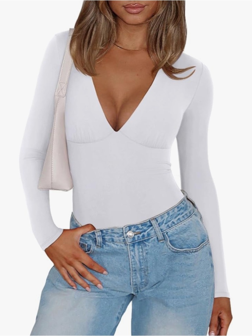 Women’s Deep V Long Sleeve Bodysuit - White